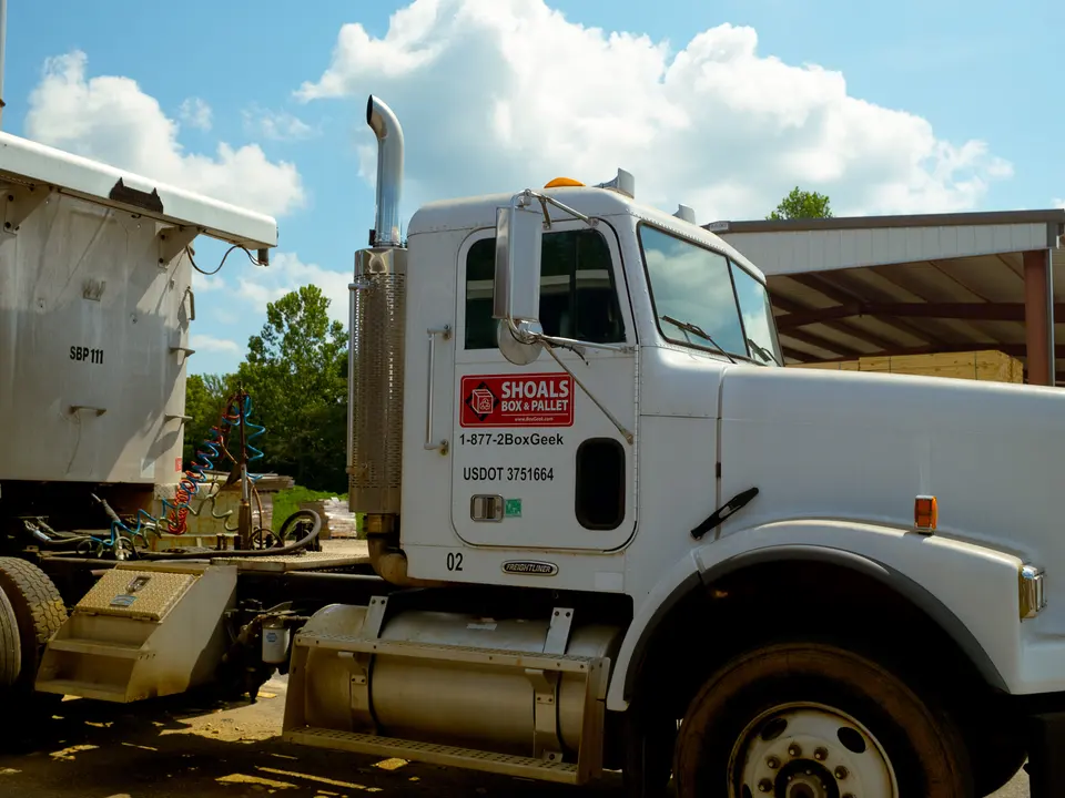 A Shoals Box & Pallet delivery truck at the Florence, Alabama plant