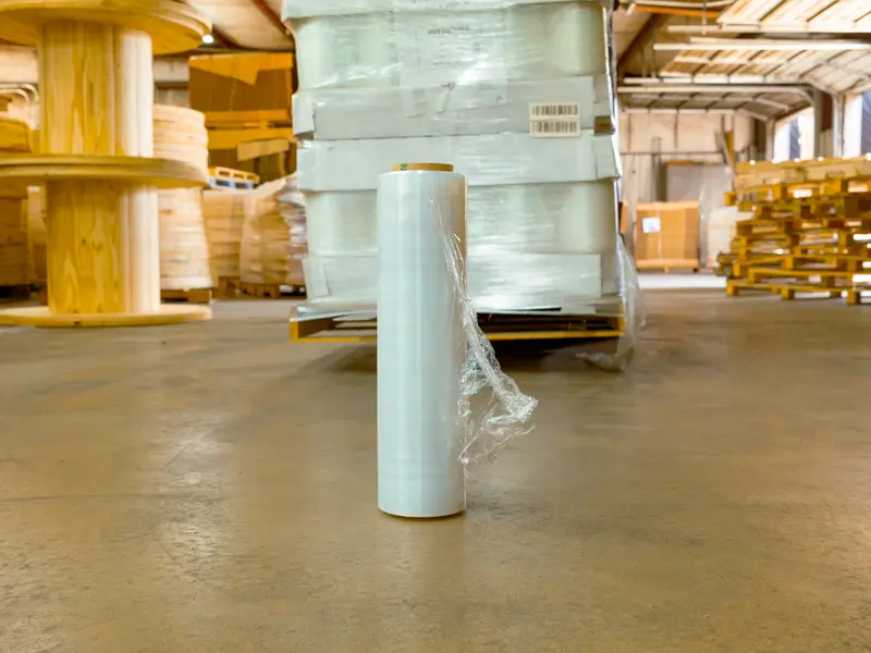 Roll of stretch film with wrapped pallet loads behind it