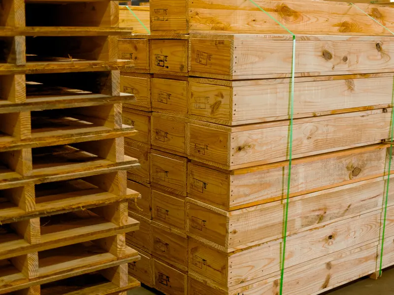 Stacked wooden pallets in the Shoals Box & Pallet plant