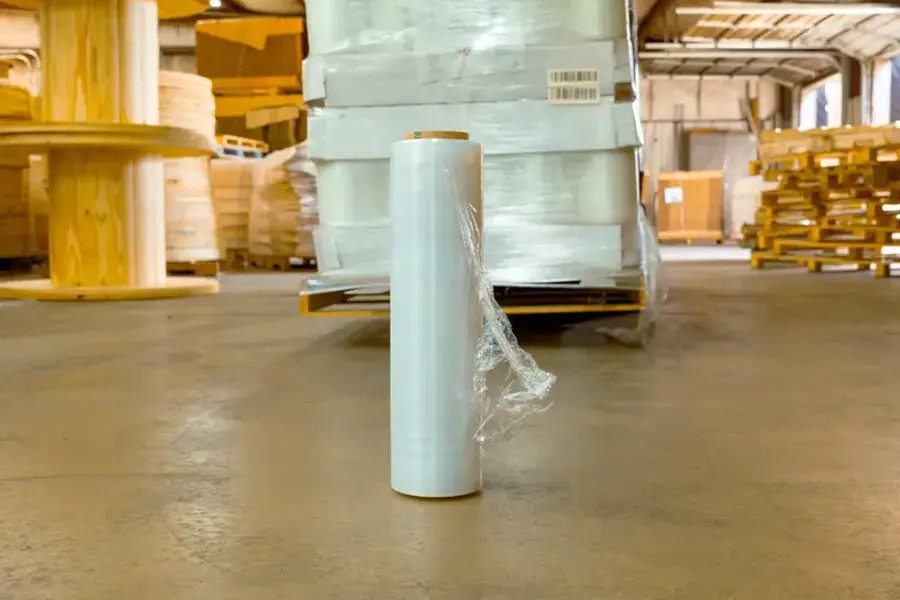 A roll of stretch film with wrapped pallet loads behind it