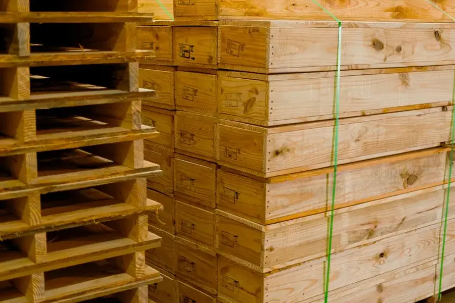 Stacked wooden pallets in the Florence plant